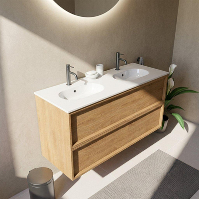Saniclass Holz Frame Ensemble meuble de salle de bains - 120x45x40cm - lavabo en céramique blanc - 2 vasques - 2 trous de robinetterie - 2 tiroirs - chêne natural mat (bois)