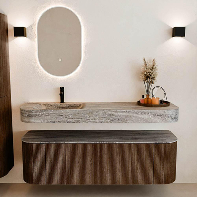 MONDIAZ THOR-DLUX 150cm badmeubel ronding links + rechts kleur Walnut met 1 lade en 2 deuren. Vrijhangende wastafel CLOUD Links 1 kraangat kleur Oza.