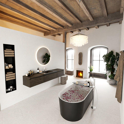 MONDIAZ BUKLA 200cm ensemble de meuble avec module 60 couleur Marron Foncé avec 3 tiroirs. Lavabo CLOUD milieu 1 trou de robinet couleur Urban.