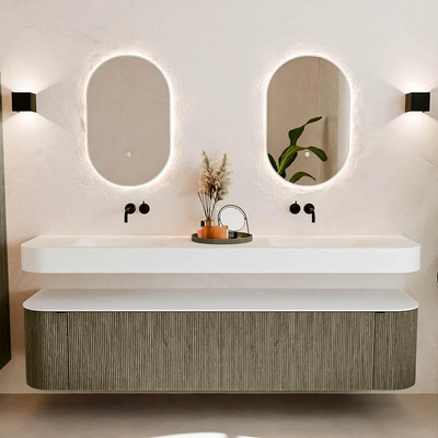 MONDIAZ THOR 200cm meuble de salle de bains arrondi gauche + droite couleur Shadow avec 2 tiroirs et 2 portes. Vasque suspendue CLOUD Double sans trou de robinet couleur Talc.