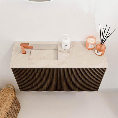 Mondiaz JOYA-DLUX 70cm toiletmeubel - kleur Walnut - Wastafel FAYE positie Links 1 kraangat kleur Frappe.