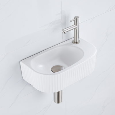 QeramiQ Fuente Ensemble de Lavabo - 40x21.5x12cm - droit - strié - demi-rond - 1 trou de robinet - céramique - ensemble de robinet en acier inoxydable brossé - bouchon de vidange - siphon abaissé - blanc mat