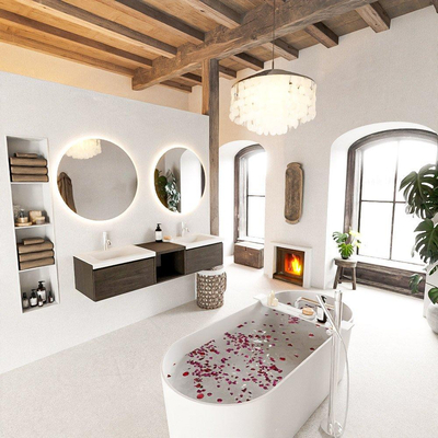 MONDIAZ BUKLA Meuble de salle de bains 160cm avec module ouvert 40 couleur Dark Brown avec 2 tiroirs. Lavabo CLOUD double 2 trous de robinet couleur Talc.