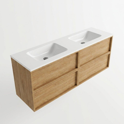 Saniclass Holz Frame Ensemble meuble de salle de bains - 160x45x77.5cm - vasque Torino en solid surface blanche - sans trou de robinetterie - 4 tiroirs - chêne natural mat (bois)