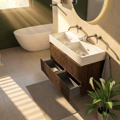 Saniclass Holz Atelier Ensemble de meubles de salle de bains - 120x45x72cm - Legend lavabo en céramique blanc - 2 vasques - sans trous de robinetterie - 2 tiroirs - chêne charcoal mat (bois)