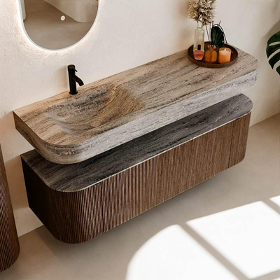 MONDIAZ THOR-DLUX 150cm meuble de salle de bains arrondi gauche + droite couleur Walnut avec 1 tiroir et 2 portes. Vasque suspendue CLOUD Gauche 1 trou de robinet couleur Oza.