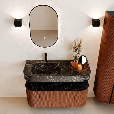 MONDIAZ THOR-DLUX 110cm meuble de salle de bains arrondi gauche + droite couleur Ruby avec 1 tiroir et 2 portes. Vasque suspendue CLOUD Gauche 1 trou de robinet couleur Lava.