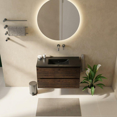 Saniclass Holz Pure Ensemble de meubles de salle de bains - 100x45x62cm - Lavabo Vygo en céramique noir - 1 vasque - sans trou de robinet - 2 tiroirs - chêne charcoal mat (bois)