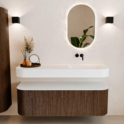 MONDIAZ THOR 140cm meuble de salle de bains arrondi gauche + droite couleur Walnut avec 1 tiroir et 2 portes. Vasque suspendue CLOUD Droite sans trou de robinet couleur Talc.