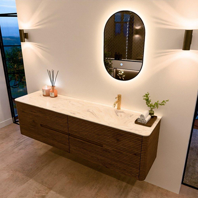 Mondiaz CIRO-DLUX Badkamermeubelset - 180x45x50cm - Solid surface wastafel Ostra - 1 wasbak Rechts - 1 kraangat - 4 lades - Dusk