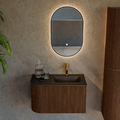 MONDIAZ KURVE 75cm badmeubel met module 25 L kleur Walnut met 1 lade en 1 deur. Wastafel GRUNNE rechts 1 kraangat Urban.