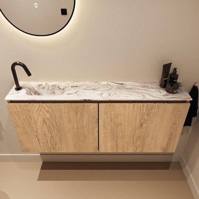 MONDIAZ TURE-DLUX Meuble de WC 120 cm Washed Oak. Lavabo EDEN Glace position gauche. Avec 1 trou de robinet.