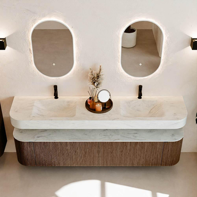 MONDIAZ THOR-DLUX 200cm meuble de salle de bains arrondi gauche + droite couleur Walnut avec 2 tiroirs et 2 portes. Vasque suspendue CLOUD Double 2 trous de robinet couleur Opalo.