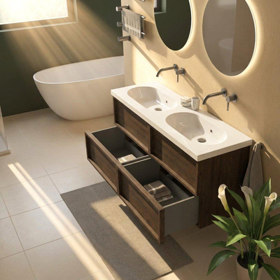Saniclass Holz Frame Ensemble de meubles de salle de bains - 140x45x63.5cm - lavabo Palermo en céramique blanc - 2 cuves - sans trous de robinetterie - 4 tiroirs - chêne charcoal mat (bois)