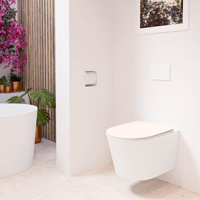 Mondiaz LAVIE hangtoilet – spoelrandloos – 36 x 53 cm – met softclose zitting – Talc (wit), zitting Rosee (roze)