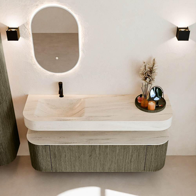 MONDIAZ THOR-DLUX 150cm meuble de salle de bains arrondi gauche + droite couleur Shadow avec 1 tiroir et 2 portes. Vasque suspendue CLOUD Gauche 1 trou de robinet couleur Meli.