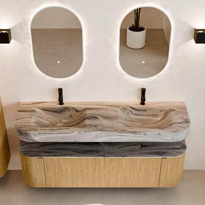 MONDIAZ THOR-DLUX 160cm meuble de salle de bains arrondi gauche + droite couleur Chêne avec 1 tiroir et 2 portes. Vasque suspendue CLOUD Double 2 trous de robinet couleur Sombra.