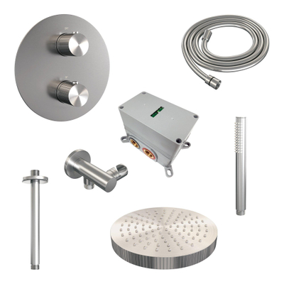 BRAUER Stripe Thermostatische Inbouw Regendouche - 3-weg - rond - SET 39 - 25cm douchekop - plafondarm - staaf handdouche - doucheslang - wandaansluitbocht - RVS-kleurig geborsteld PVD
