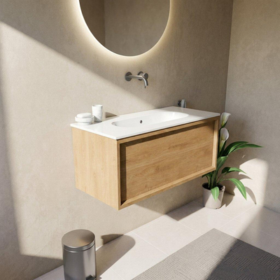 Saniclass Holz Frame Ensemble de meubles de salle de bains - 100x45x53.9cm - Chaci lavabo en céramique blanc - 1 vasque - sans trou de robinetterie - 1 tiroir - chêne natural mat (bois)