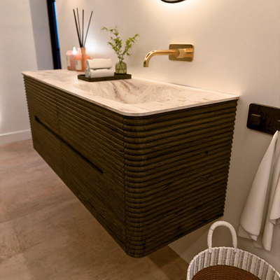 Mondiaz CIRO-DLUX Badkamermeubelset - 130x45x50cm - Solid surface wastafel Frappe - 1 wasbak Rechts - zonder kraangaten - 4 lades - Shadow