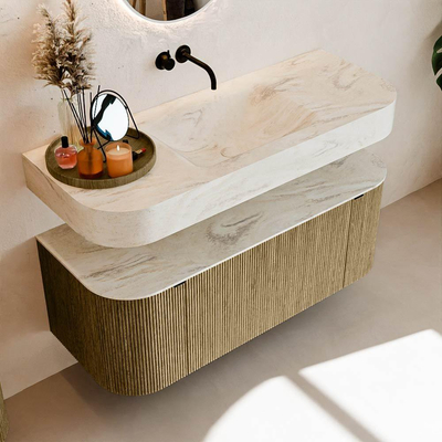 MONDIAZ THOR-DLUX 120cm meuble de salle de bains arrondi gauche + droite couleur Dusk avec 1 tiroir et 2 portes. Vasque suspendue CLOUD Milieu sans trou de robinet couleur Ostra.