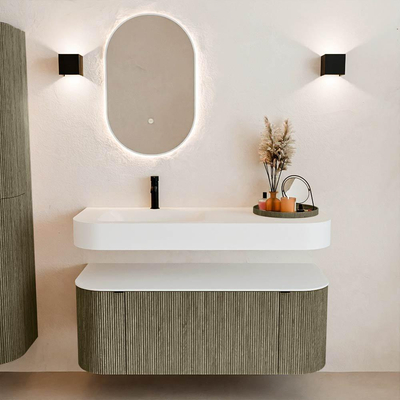 MONDIAZ THOR 120cm meuble de salle de bains arrondi gauche + droite couleur Shadow avec 1 tiroir et 2 portes. Vasque suspendue CLOUD gauche 1 trou de robinet couleur Talc.