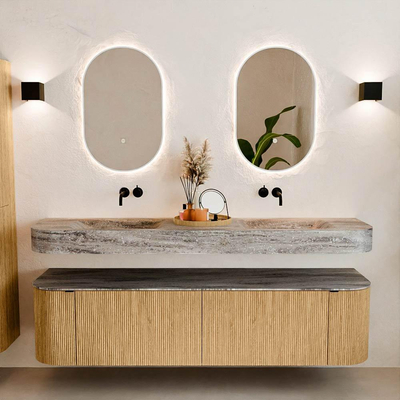 MONDIAZ THOR-DLUX 180cm meuble de salle de bains arrondi gauche + droite couleur Oak avec 2 tiroirs et 2 portes. Vasque suspendue CLOUD Double sans trou de robinet couleur Oza.