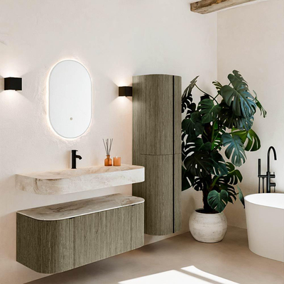 MONDIAZ THOR-DLUX Meuble de salle de bains 110cm arrondi gauche + droite couleur Shadow avec 1 tiroir et 2 portes. Vasque suspendue CLOUD Milieu 1 trou de robinet couleur Frappe.