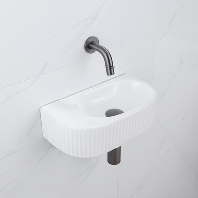 QeramiQ Fuente Ensemble de Lavabo - 40x21.5x12cm - strié - demi-rond - céramique - ensemble de robinet gunmetal - bouchon de vidange - siphon abaissé - blanc brillant