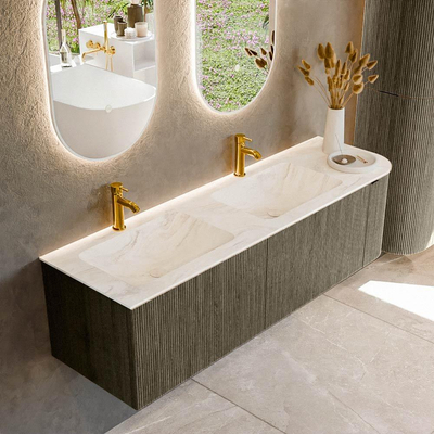 Mondiaz KURVE-DLUX Ensemble de meubles de salle de bains - 155x46x40cm - 2 tiroirs - 1 porte - lavabo solid surface - double / gauche - 2 trous de robinet - Shadow