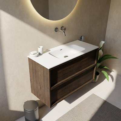 Saniclass Holz Frame Ensemble de meubles de salle de bains - 100x45x61.5cm - Flow lavabo en solid surface blanc - 1 vasque - sans trou de robinet - 2 tiroirs - chêne charcoal mat (bois)