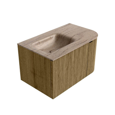 MONDIAZ KURVE-DLUX Meuble de salle de bains 75cm arrondi Droite couleur Dusk avec 1 tiroir et 1 porte. Lavabo GRUNNE Gauche 1 trou de robinet Saba.