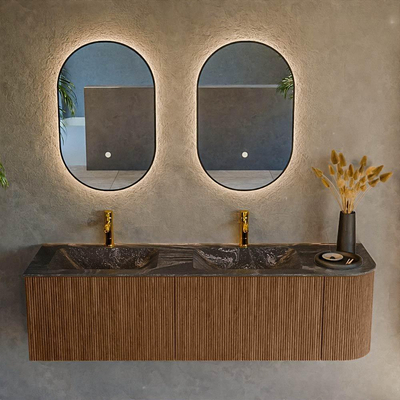 MONDIAZ KURVE-DLUX 155cm Meuble salle de bain avec module 25 D - couleur Walnut - 2 tiroirs - 1 porte - vasque LEAF double / gauche - 2 trous de robinet - couleur Lava