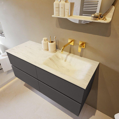 Mondiaz VICA-DLUX ensemble de meuble de salle de bain - 120cm - meuble sous-vasque gris foncé - 4 tiroirs - lavabo encastré cloud droite - sans trous de robinet - version haute de 60cm - opalo