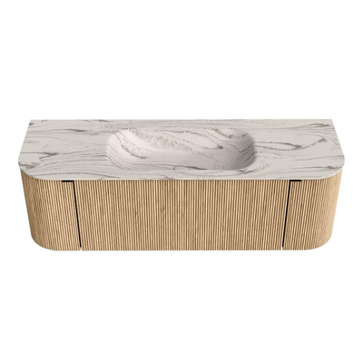 MONDIAZ KURVE-DLUX 140cm badmeubel ronding Links + Rechts kleur Oak met 1 lade en 2 deuren. Wastafel BIG SMALL Midden zonder kraangat Nata.