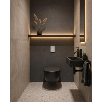 QeramiQ Dely Swirl Toiletset - 36.5x 53cm - Grohe Rapid inbouwreservoir - 35mm zitting - witte bedieningsplaat - rechthoekige knoppen - matte black (mat zwart)