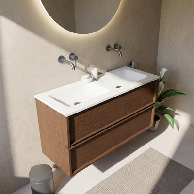 Saniclass Holz Frame Ensemble meuble de salle de bains - 120x45x77.5cm - lavabo Torino en solid surface blanc - sans trou de robinet - 2 tiroirs - walnut pure mat (bois)