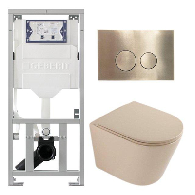 QeramiQ Dely Pack WC - 36,3x51,7cm - à fond creux - sans bride - réservoir encastré Geberit UP320 - abattant WC à fermeture douce - plaque de déclenchement en laiton brossé - boutons ronds - beige mat