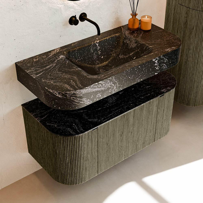 MONDIAZ THOR-DLUX 100cm meuble de salle de bains arrondi gauche + droite couleur Shadow avec 1 tiroir et 2 portes. Vasque suspendue CLOUD Milieu sans trou de robinet couleur Lava.