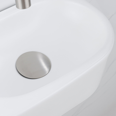 QeramiQ Fuente Ensemble de Lavabo - 40x21.5x12cm - lisse - demi-rond - céramique - ensemble de robinet en acier inoxydable brossé - bouchon de vidange - siphon abaissé - blanc mat