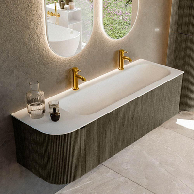 Mondiaz KURVE Ensemble de meuble salle de bain - 145x46x40cm - 1 tiroir - 1 porte - lavabo en solid surface - droite - 2 trous de robinet - Shadow