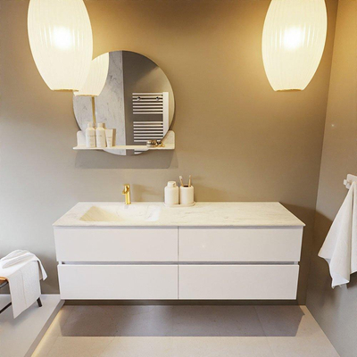 Mondiaz VICA-DLUX ensemble de meuble de salle de bain - 150cm - meuble sous lavabo talc - 4 tiroirs - lavabo encastré cloud gauche - 1 trou de robinet - version haute de 60cm - opalo