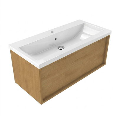 Saniclass Holz Frame Ensemble meuble de salle de bains - 100x45x43.5cm - Bari lavabo en céramique blanc - 1 vasque - 1 trou de robinetterie - 1 tiroir - chêne natural mat (bois)