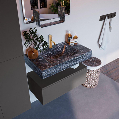 Mondiaz ALAN-DLUX Ensemble de meuble - 80cm - meuble Dark grey mat - 1 tiroir - Lavabo Cloud Lava suspendu - vasque Centre - 1 trou de robinet