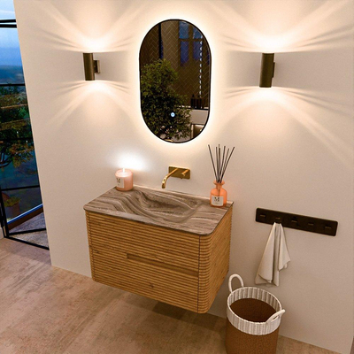 Mondiaz CIRO-DLUX Meuble de salle de bains - 80x45x50cm - Plan vasque solid surface Sombra - 1 vasque au milieu - sans trous de robinet - 2 tiroirs - Chêne