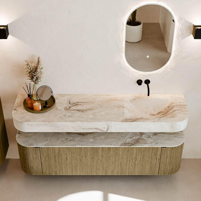 MONDIAZ THOR-DLUX 170cm meuble de salle de bains arrondi gauche + droite couleur Dusk avec 1 tiroir et 2 portes. Vasque suspendue CLOUD Droite sans trou de robinet couleur Frappe.