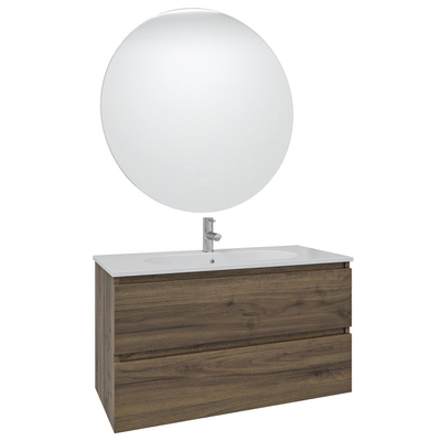 Adema Chaci Meuble salle de bain - 100x46x57cm - 1 vasque ovale en céramique blanche - 1 trou de robinet - 2 tiroirs - miroir rond avec éclairage - noix