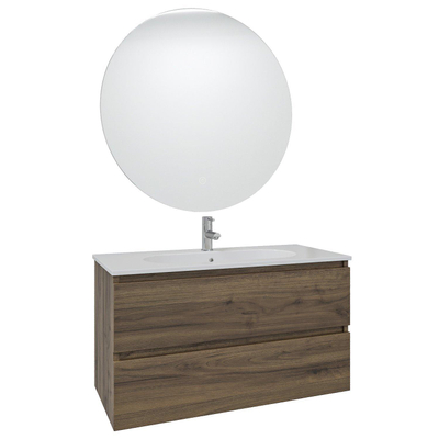 Saniclass Chaci Ensemble meuble de salle de bains - 100x46x55cm - lavabo en céramique blanc - 1 vasque ovale - 1 trou de robinet - 2 tiroirs - miroir rond avec éclairage - noyer (bois)