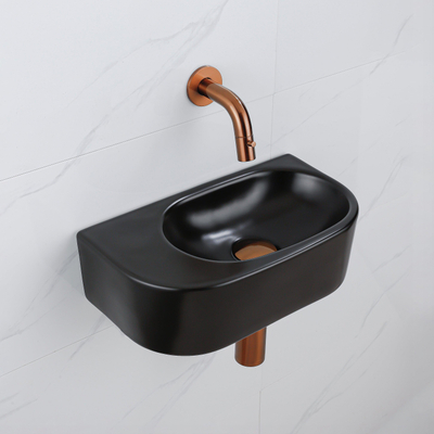 QeramiQ Fuente Ensemble de Lavabo - 40x21.5x12cm - lisse - demi-rond - céramique - ensemble de robinet en cuivre brossé - bouchon de vidange - siphon abaissé - noir mat