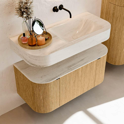 MONDIAZ THOR-DLUX 100cm meuble de salle de bains arrondi gauche + droite couleur Chêne avec 1 tiroir et 2 portes. Vasque suspendue CLOUD Droite sans trou de robinet couleur Meli.